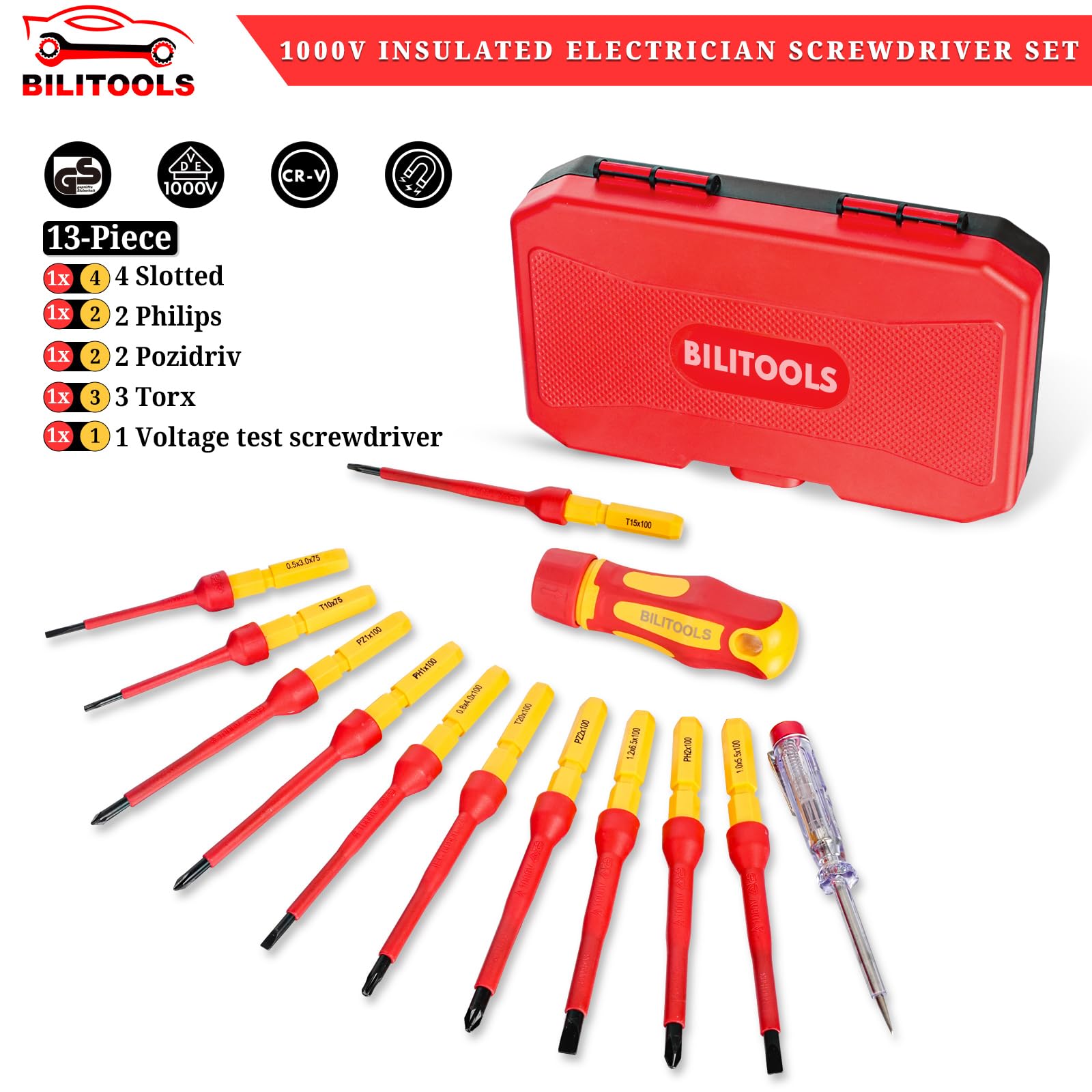Bilitoools insulated screwdriver showing magnetic CR-V tips for precise fittings.