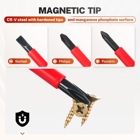 Bilitoools magnetic tips keep screws in place during work.