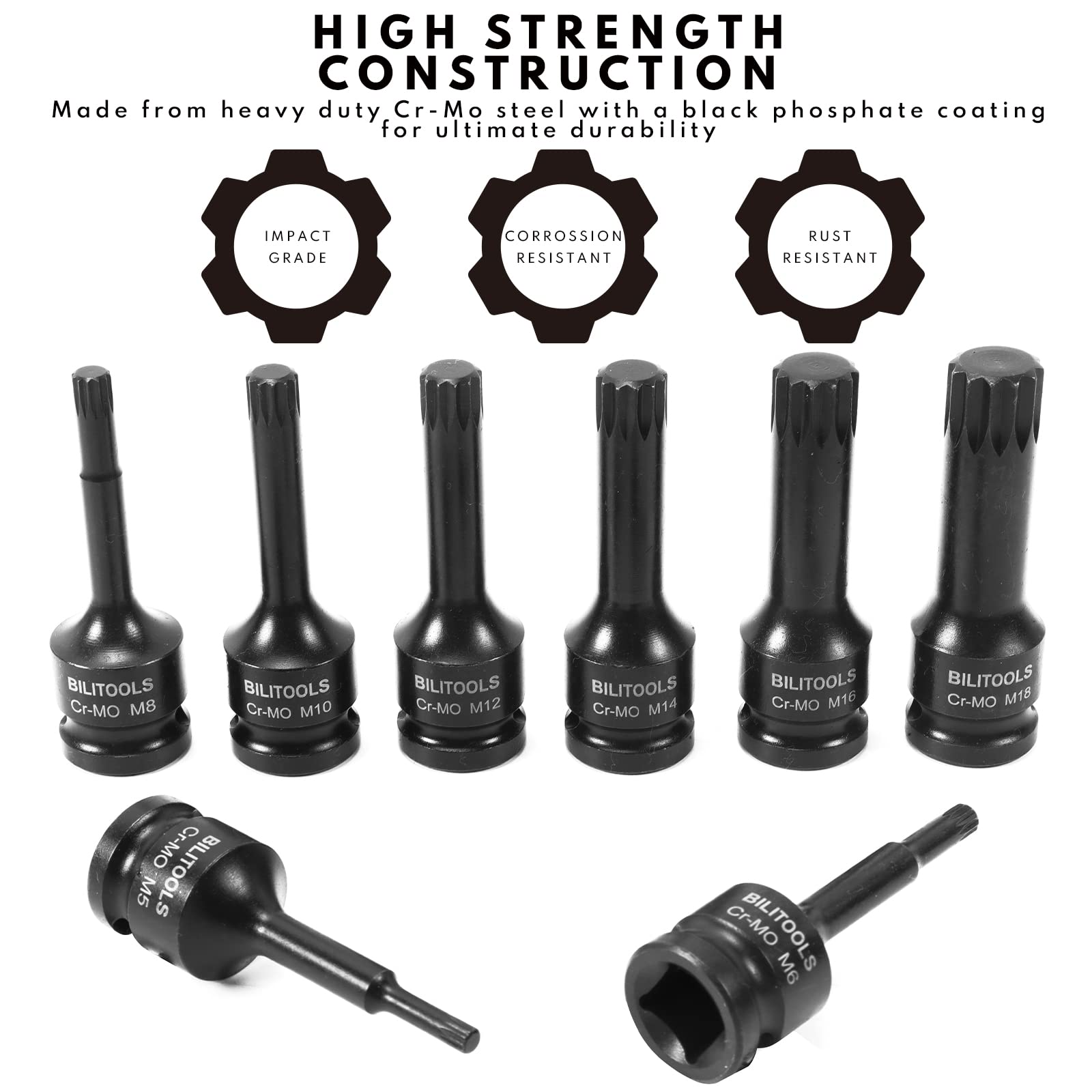 Oil-black oxide finish on BILITOOLS sockets offering corrosion resistance.