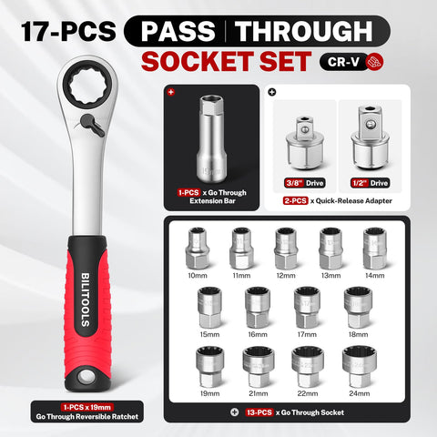 BILITOOLS pass-through socket set ratchet head enabling long bolt work in tight spaces