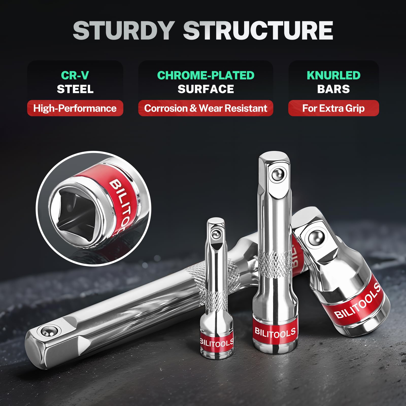 BILITOOLS ratchet extension set three-eighths 75mm mid-length access