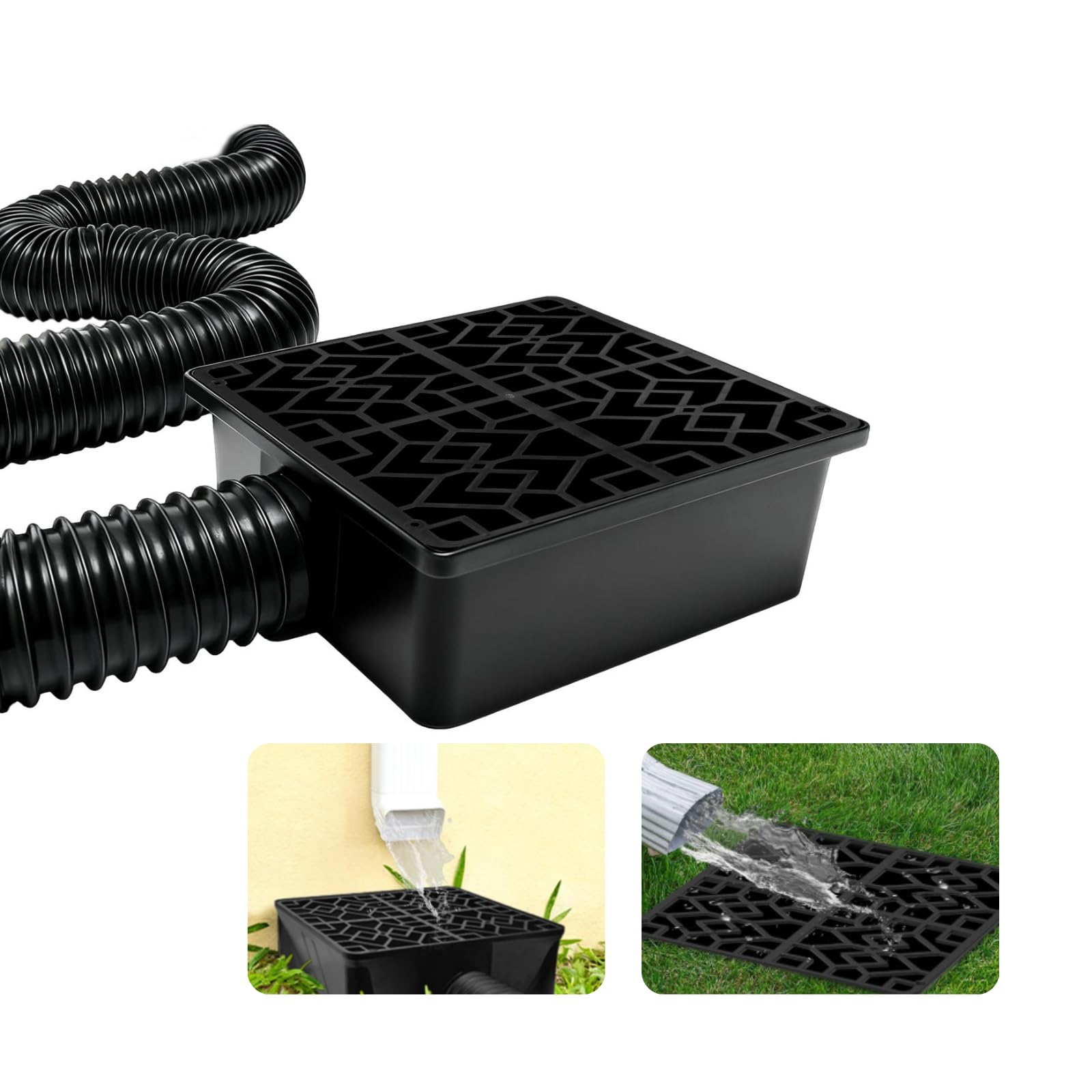 Binazon downspout extension with catch basin directing roofwater away from foundations