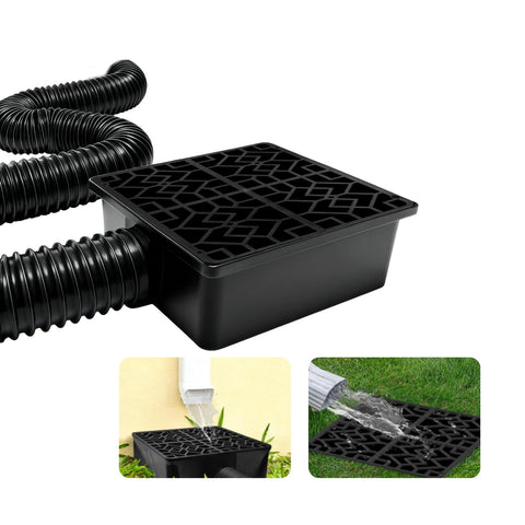 Binazon downspout extension with catch basin directing roofwater away from foundations