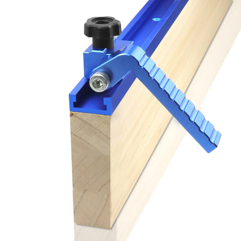Binazon flip stop arm lowered for unobstructed workpiece positioning