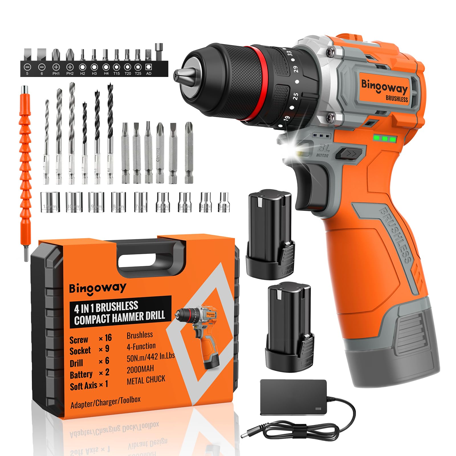 Bingoway 50nm brushless cordless drill kit for powerful home drilling tasks.