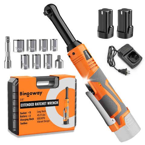 Bingoway extended electric ratchet wrench kit with long neck reaches tight engine bolts