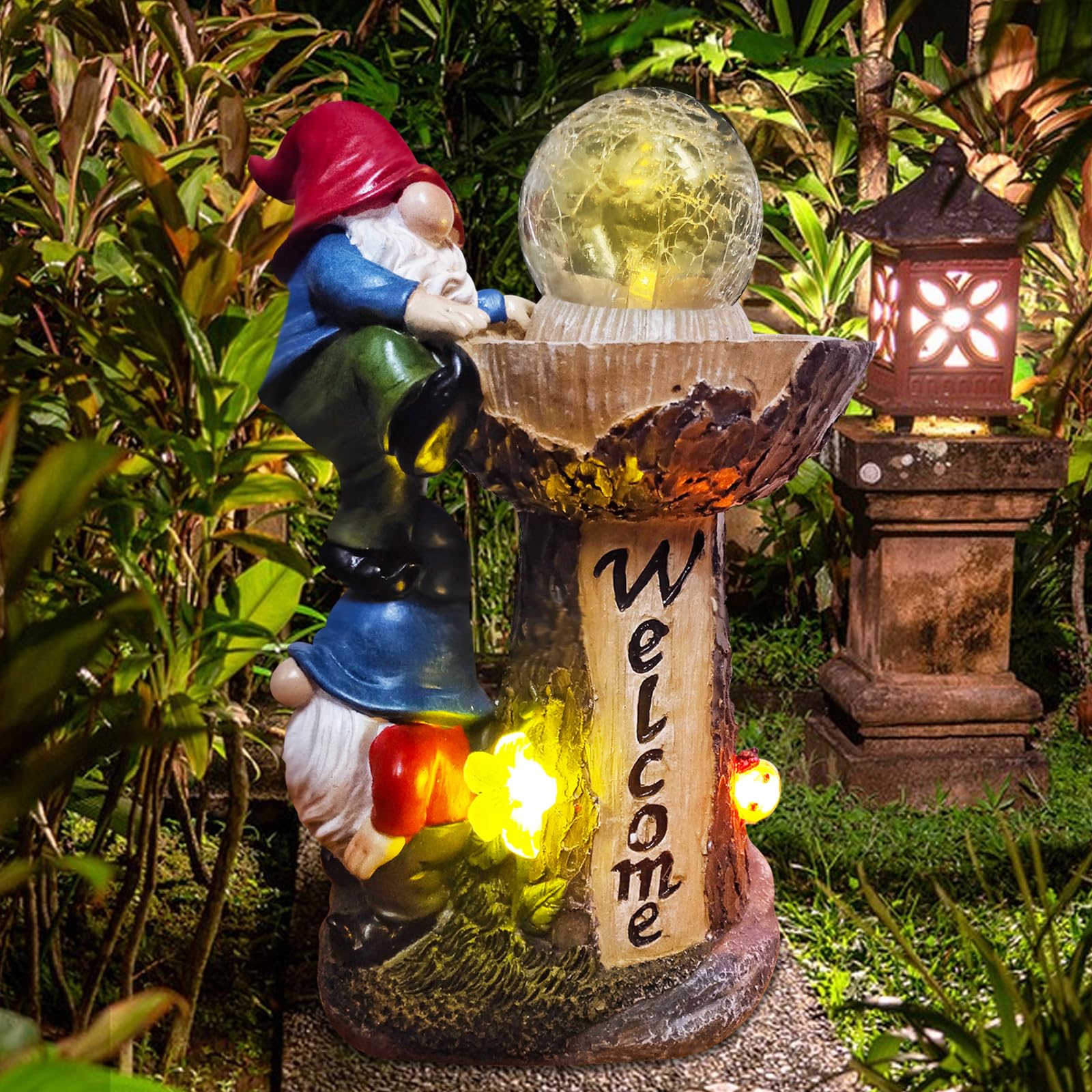 Binqiuu garden gnomes outdoor statue with solar LED lights for ambient glow