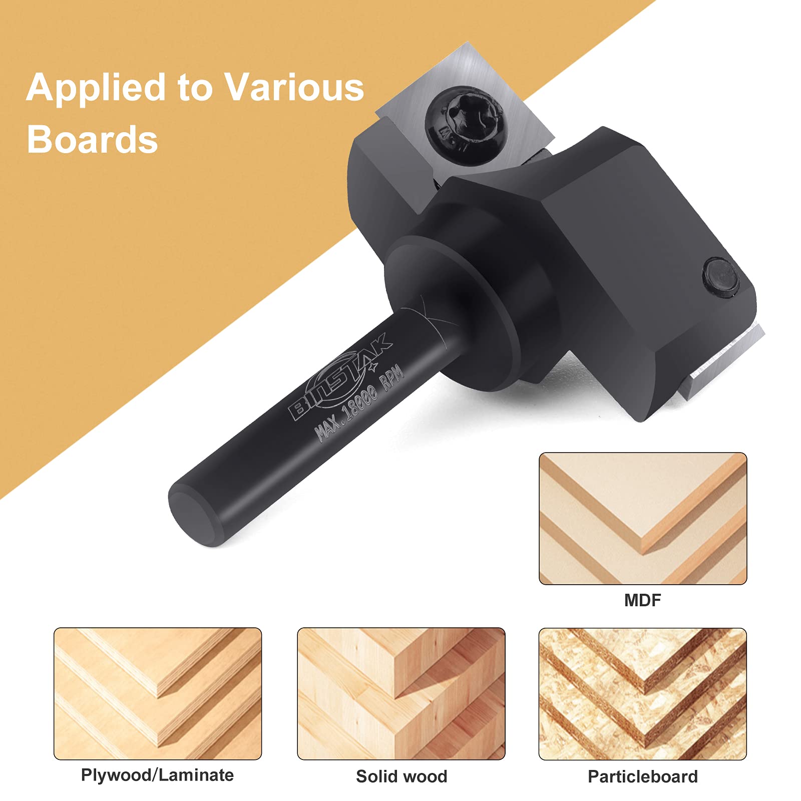 Industrial-grade BINSTAK router bit designed to minimize kickback during routing.