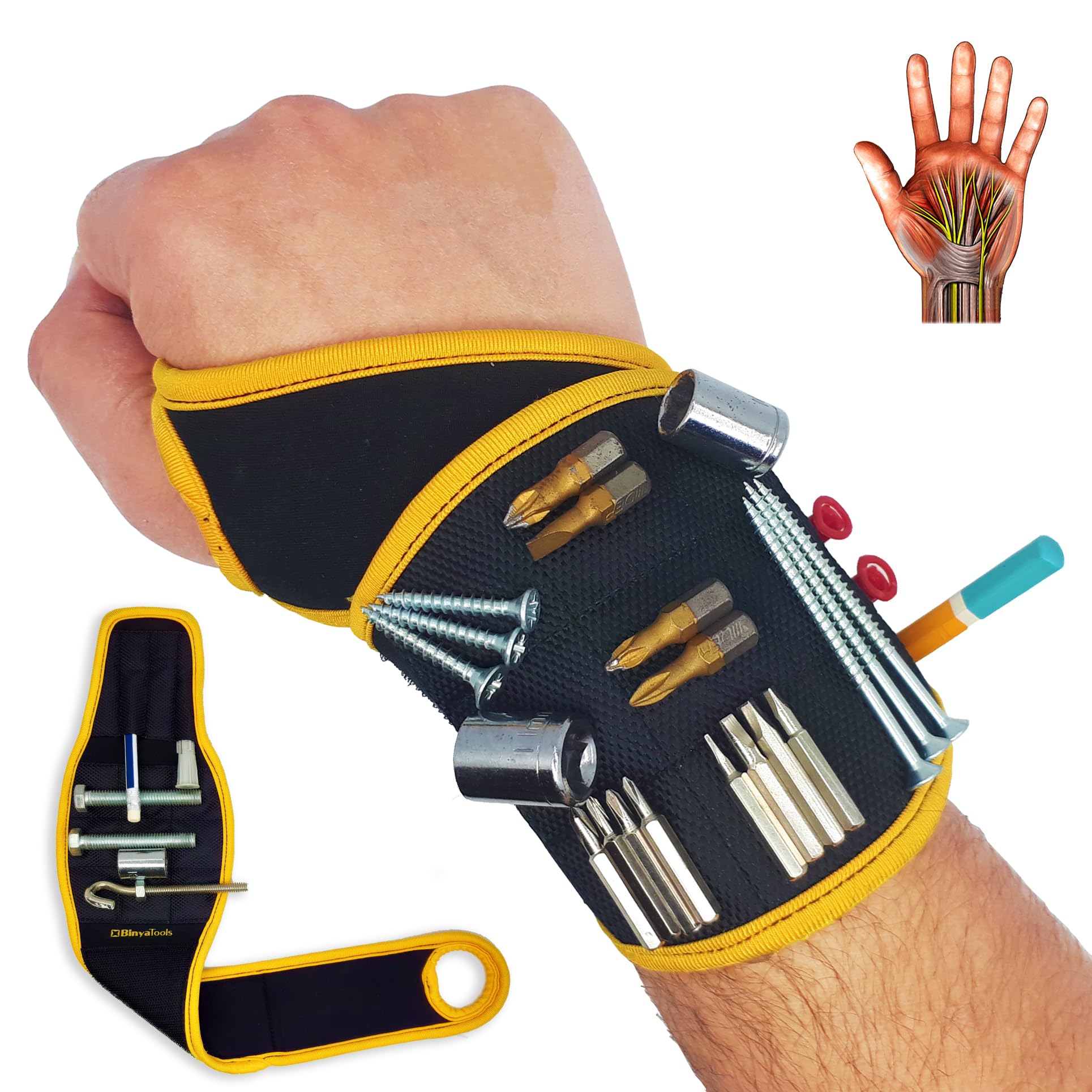 BINYATOOLS magnetic wristband with magnets holds screws and nails securely.