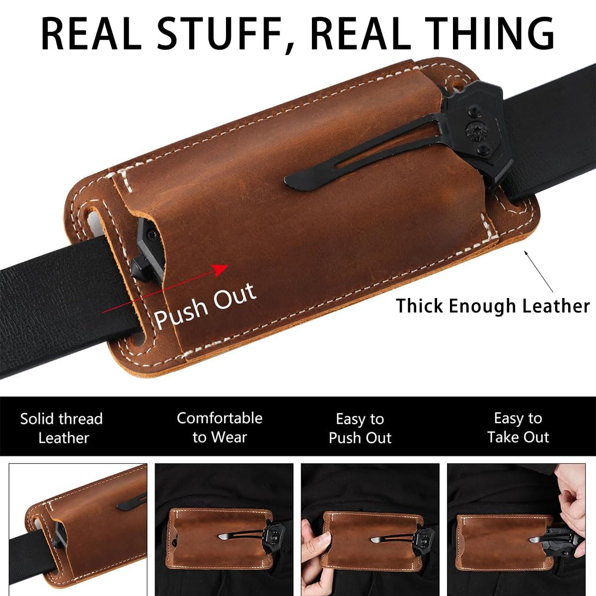 Biobasedon leather belt holster with belt clip for quick access.