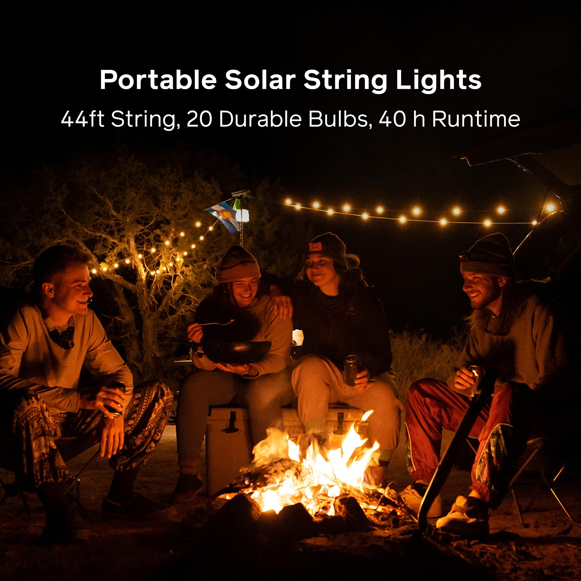 BioLite Solar String Lights with 20 shatterproof bulbs for durable campsite lighting.