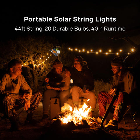 BioLite Solar String Lights with 20 shatterproof bulbs for durable campsite lighting.
