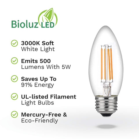 Bioluz LED 3000K warm white filament provides 360-degree illumination for ceiling fixtures.
