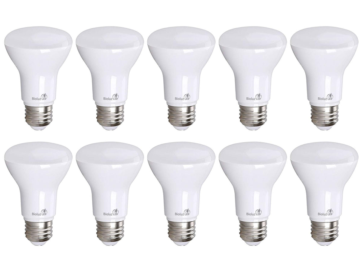 Bioluz LED BR20 bulb closeup shows warm 3000K glow with 90 CRI clarity, ideal for ambiance.