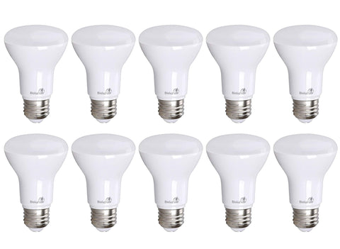Bioluz LED BR20 bulb closeup shows warm 3000K glow with 90 CRI clarity, ideal for ambiance.