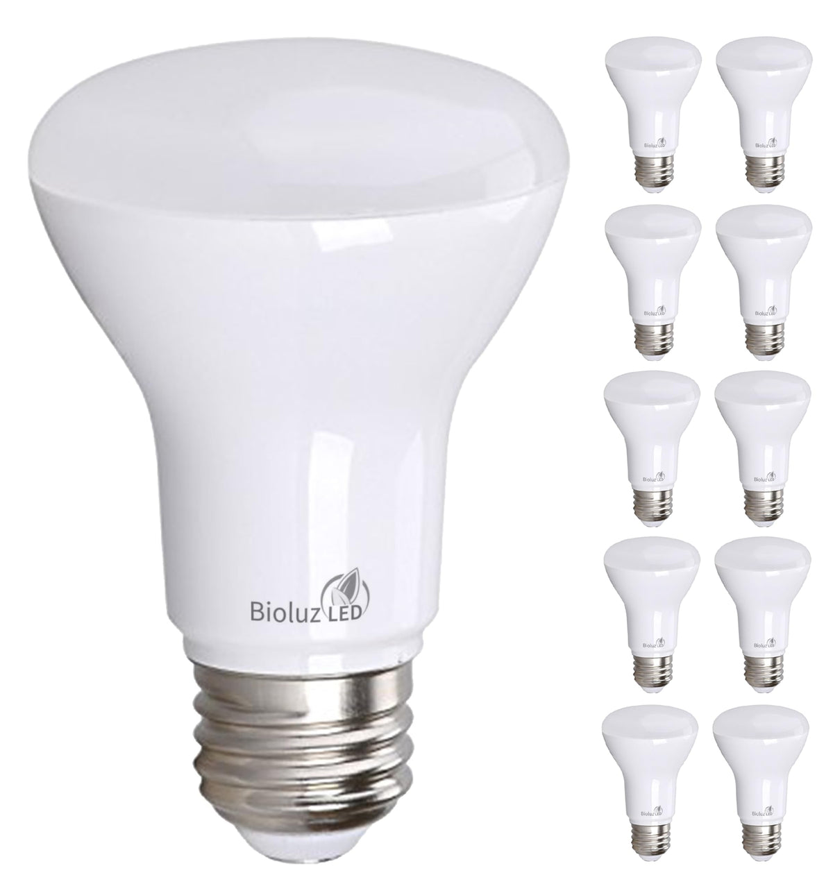 Bioluz LED BR20 bulb with a wide 110-degree beam for broad, even room lighting.