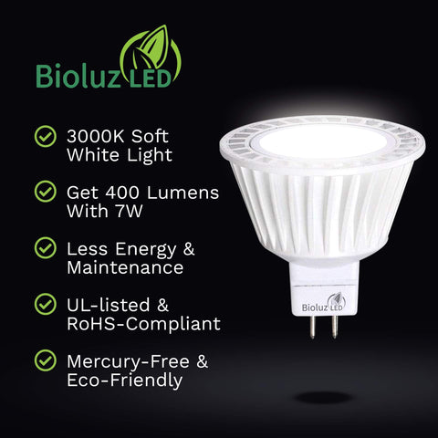 Bioluz LED MR16 3000K soft white ideal for halogen replacement in living spaces