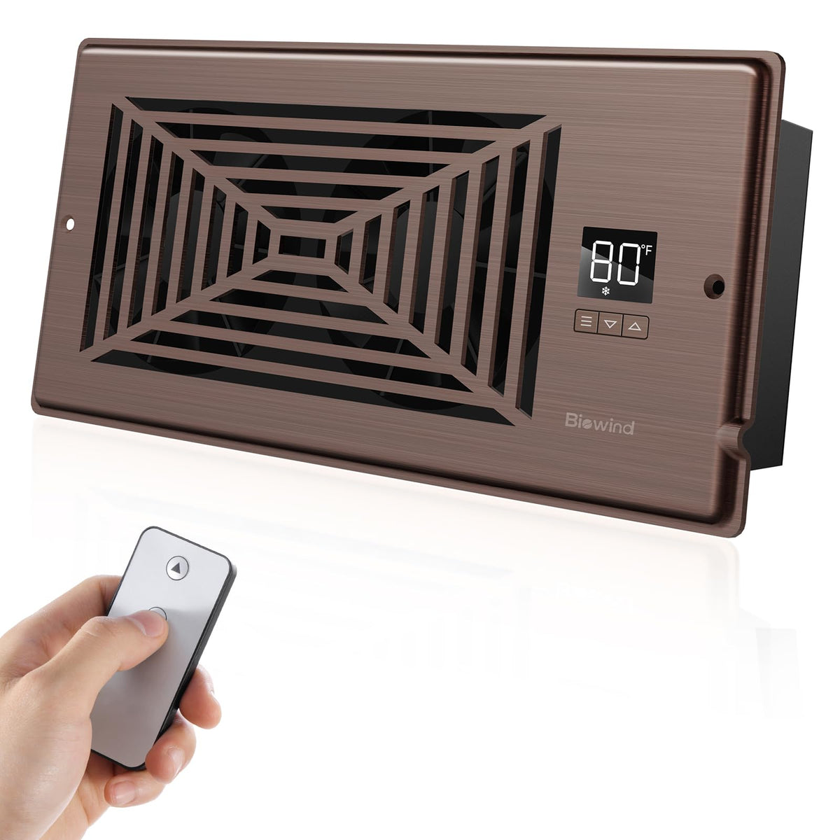 BIOWIND quiet booster fan installed on bronze 4x10 vent improving airflow and comfort