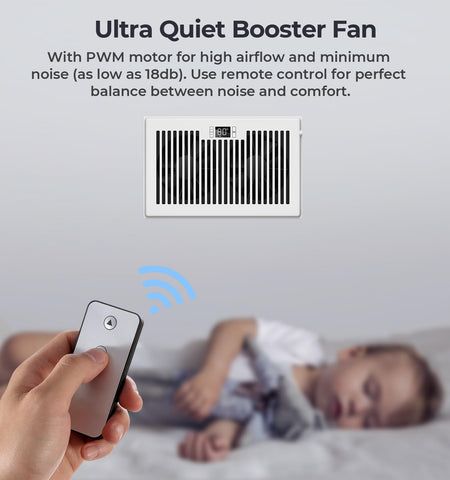 BIOWIND Quiet Register Booster Fan in use, balances airflow for room comfort.