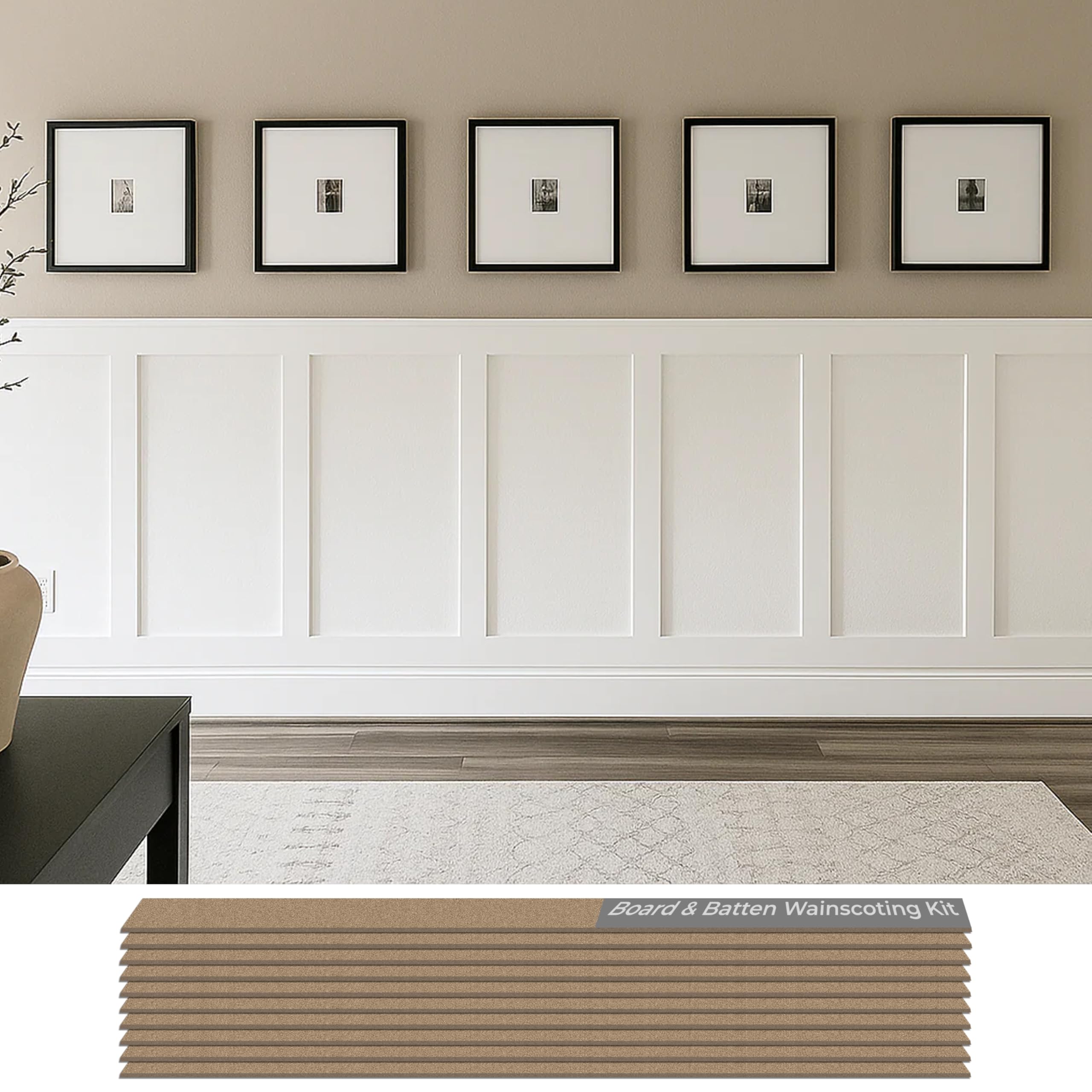 Birdeco board and batten kit on an accent wall for a custom decorative layout.