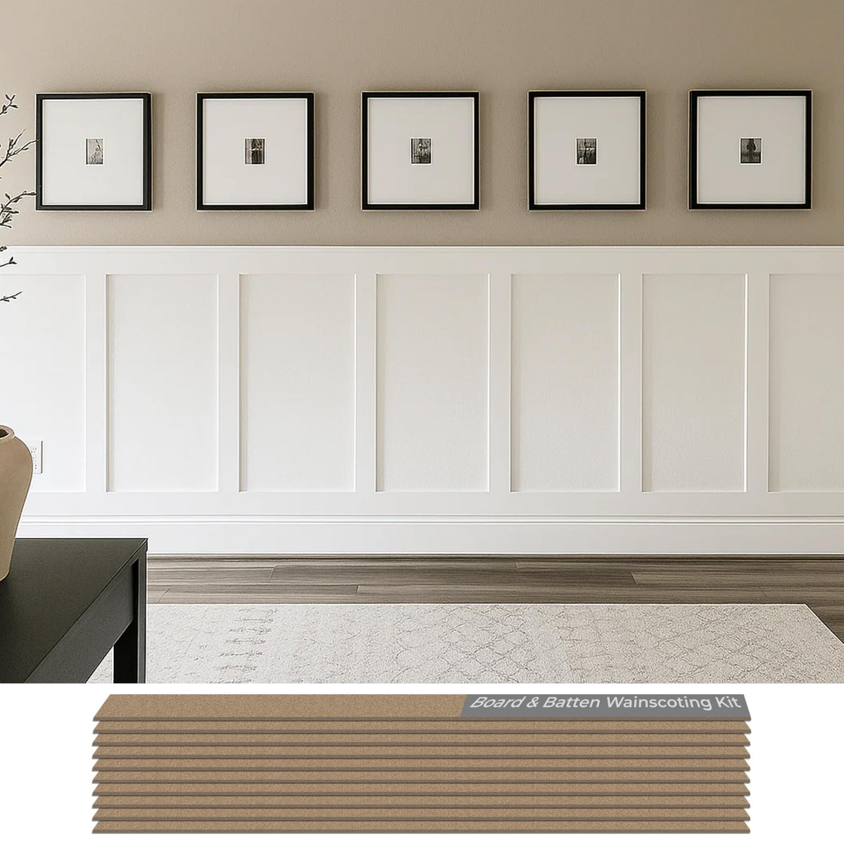 Birdeco board and batten kit on an accent wall for a custom decorative layout.