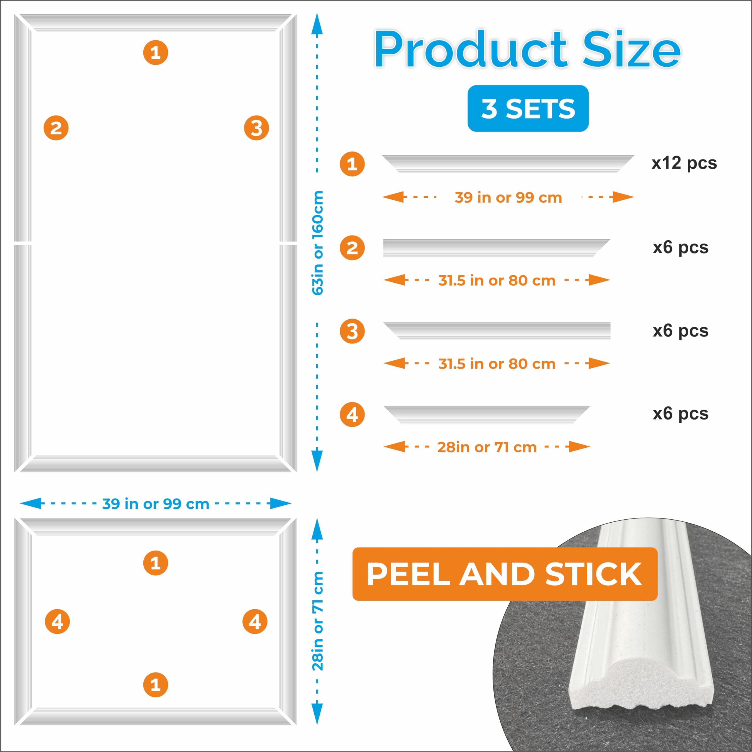 Birdeco peel-stick molding bottom-frame closeup reveals durable, moisture-resistant edge.