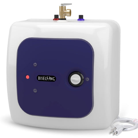 BISELONG under-sink water heater showing compact 8-gallon design for tight spaces and quick heat.