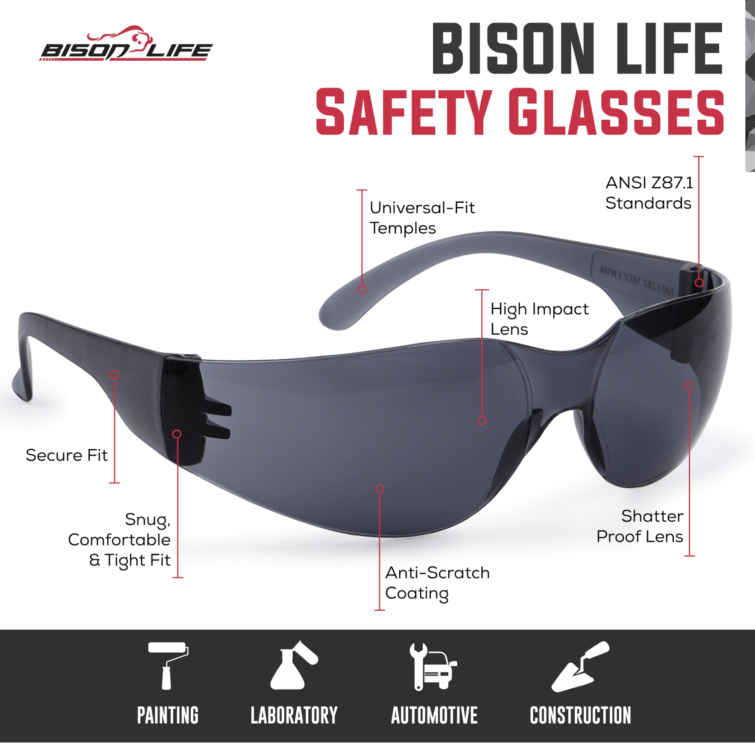BISON LIFE safety glasses show side shields and durable frame for added protection