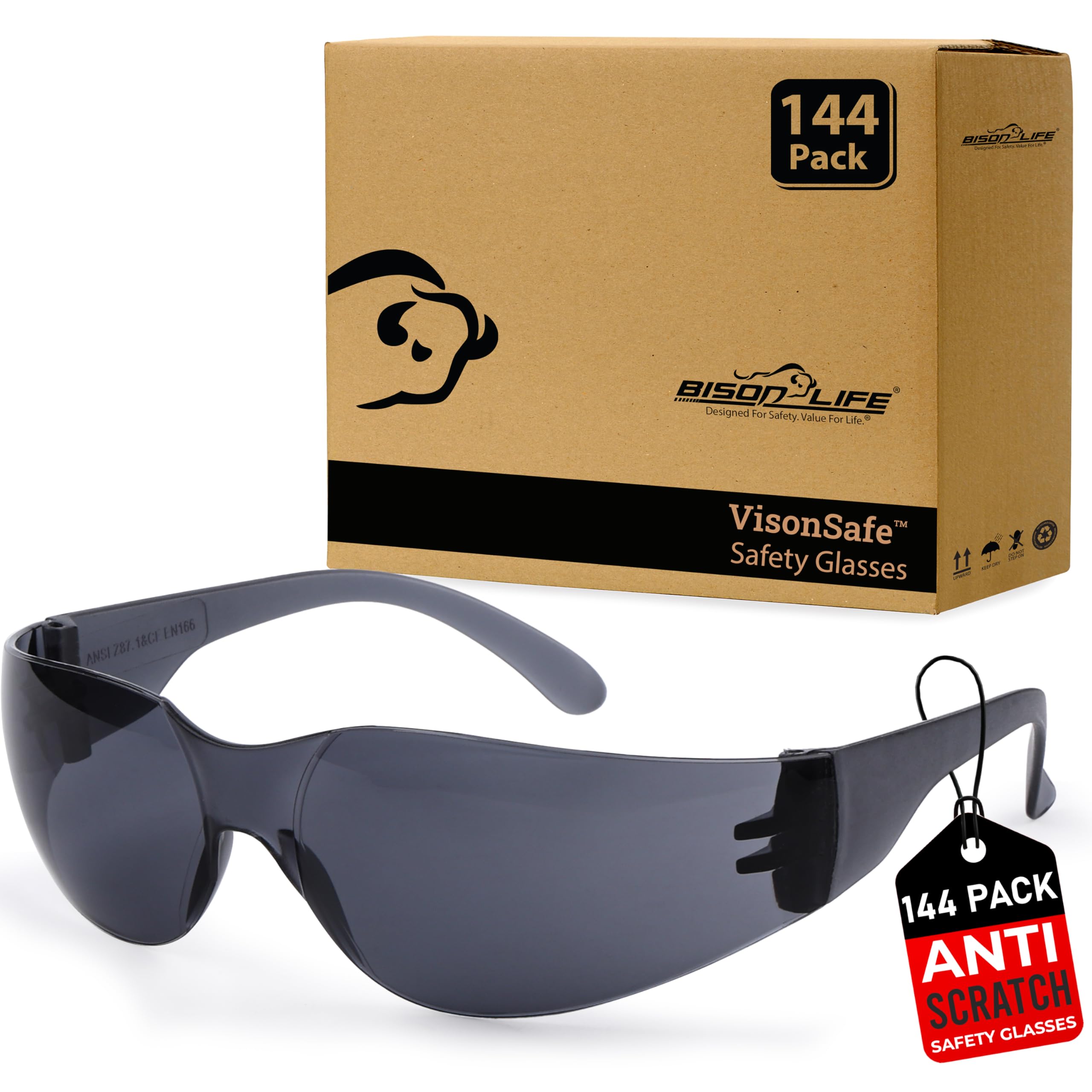 BISON LIFE black safety glasses with wraparound vision for full eye protection