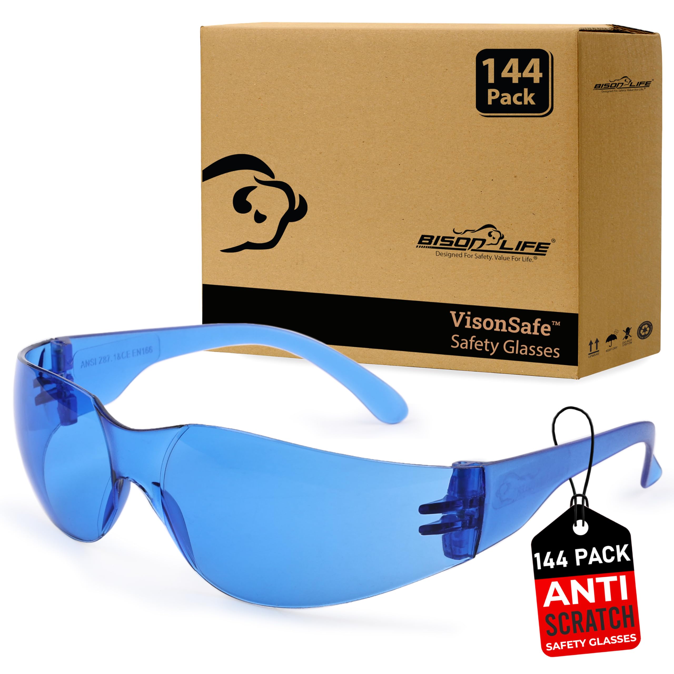 BISON LIFE blue safety glasses with wraparound lenses for all-day eye protection.