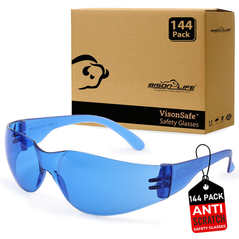 BISON LIFE blue safety glasses with wraparound lenses for all-day eye protection.