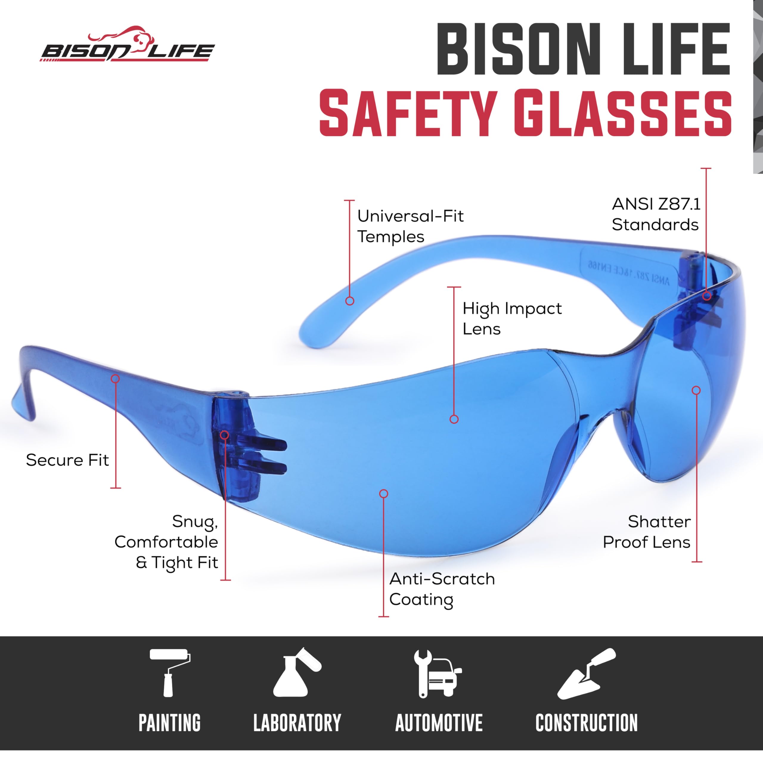 BISON LIFE safety glasses with side shields for enhanced brow and peripheral protection.