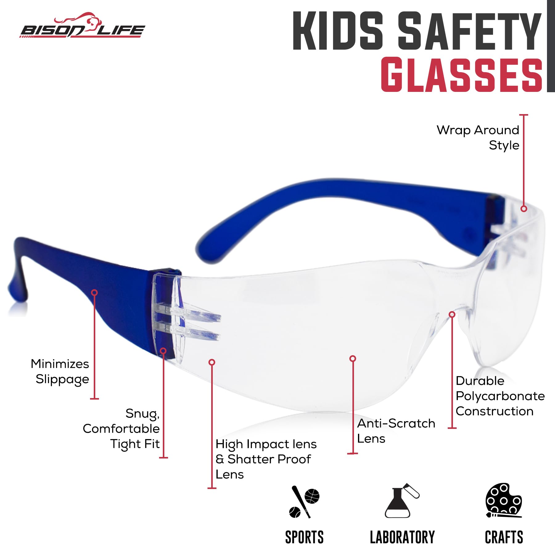 BISON LIFE youth fit safety glasses designed for smaller faces