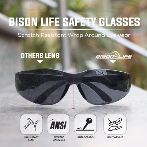 BISON LIFE safety glasses with scratch-resistant coating keep lenses clear during work