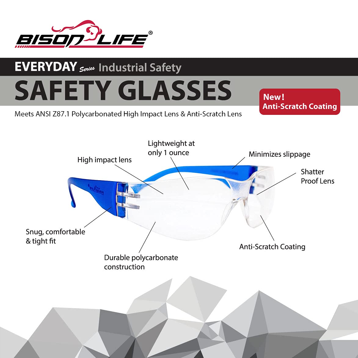 BISON LIFE wrap-around design safety glasses provide full peripheral coverage