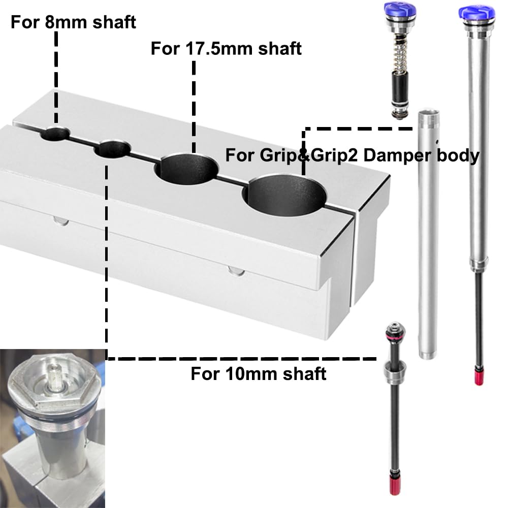 Bisrollnaa vise clamp mounted on Fox damper shaft during setup.