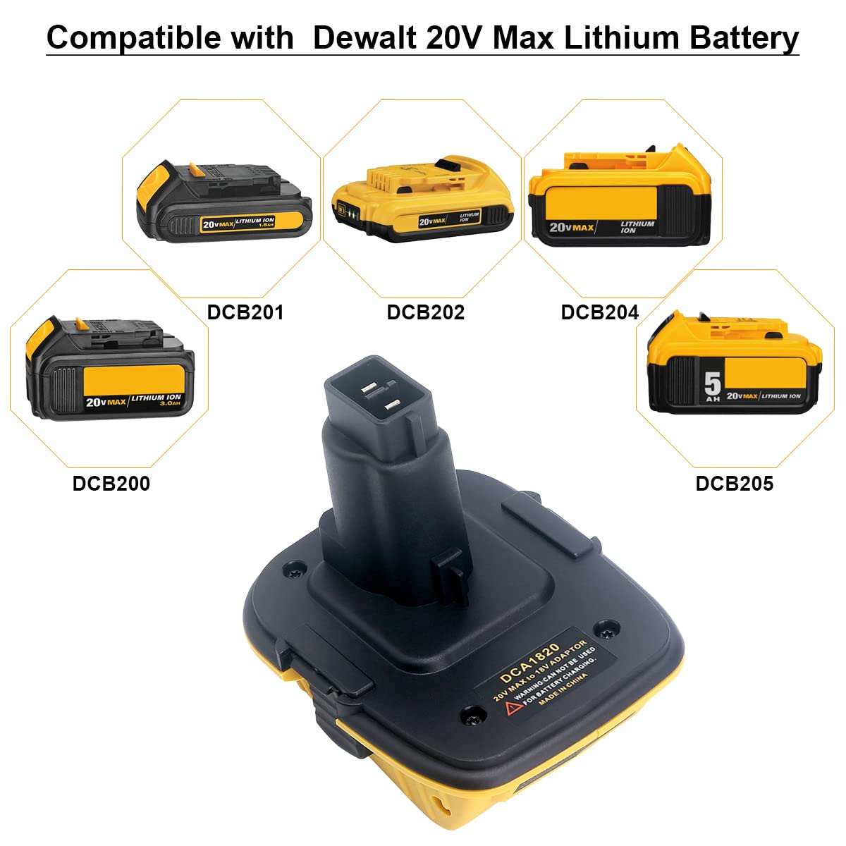 DCA1820 adapter connected to a DeWalt battery for compatibility