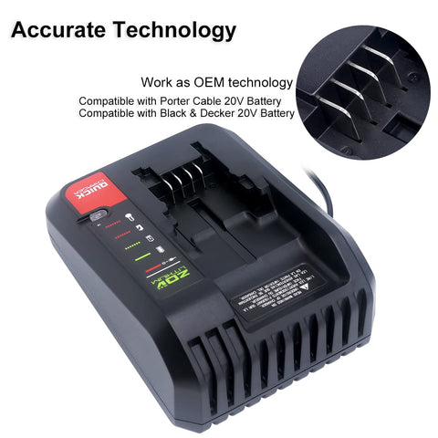 Biswaye charger showing Porter-Cable 20V battery compatibility for quick field top-ups.