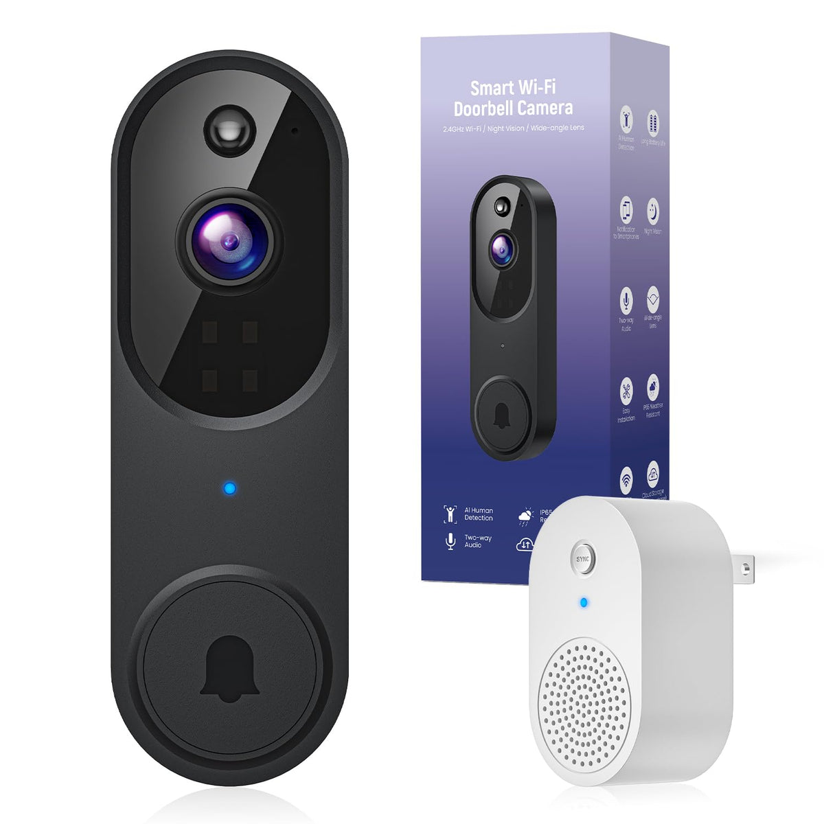 BITEPASS 1080p doorbell front view showing modern design and doorstep monitoring.