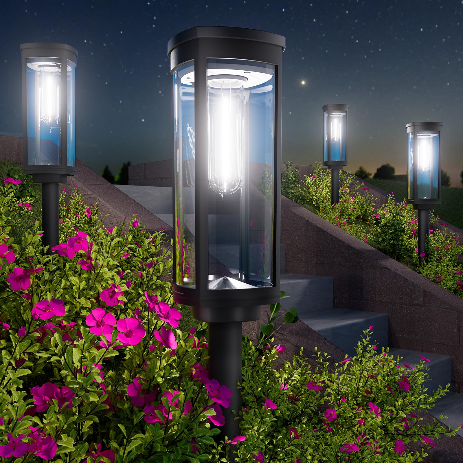 BITPOTT bright solar pathway lights in outdoor six-pack illuminate outdoor paths effectively.