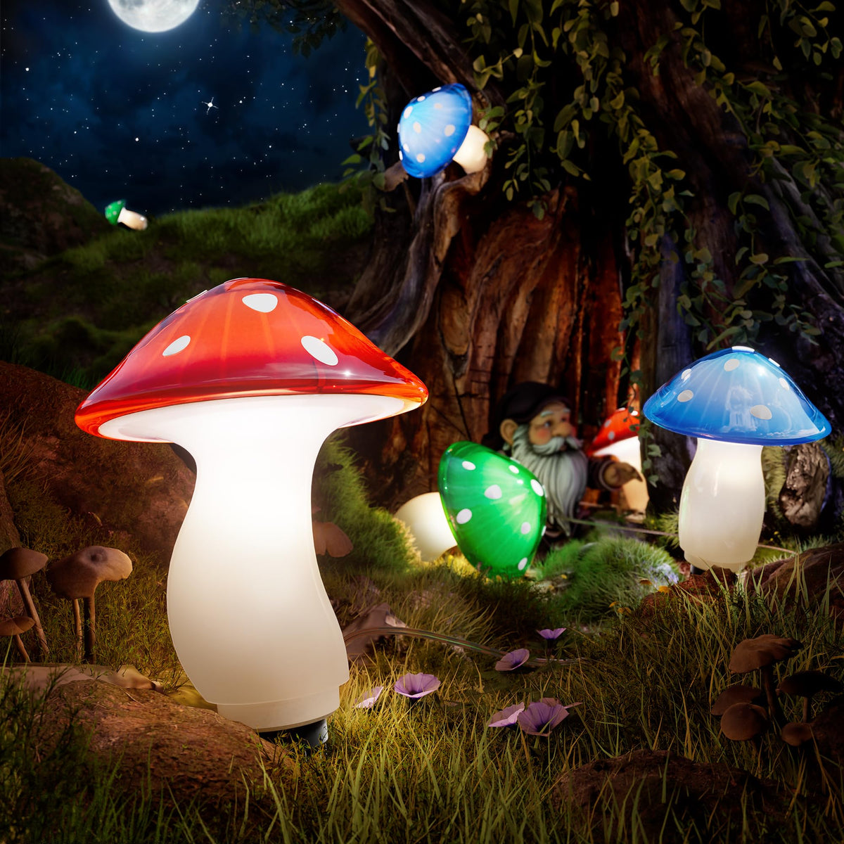 BITPOTT solar mushroom lights illuminate garden paths with red-green-blue color trio.