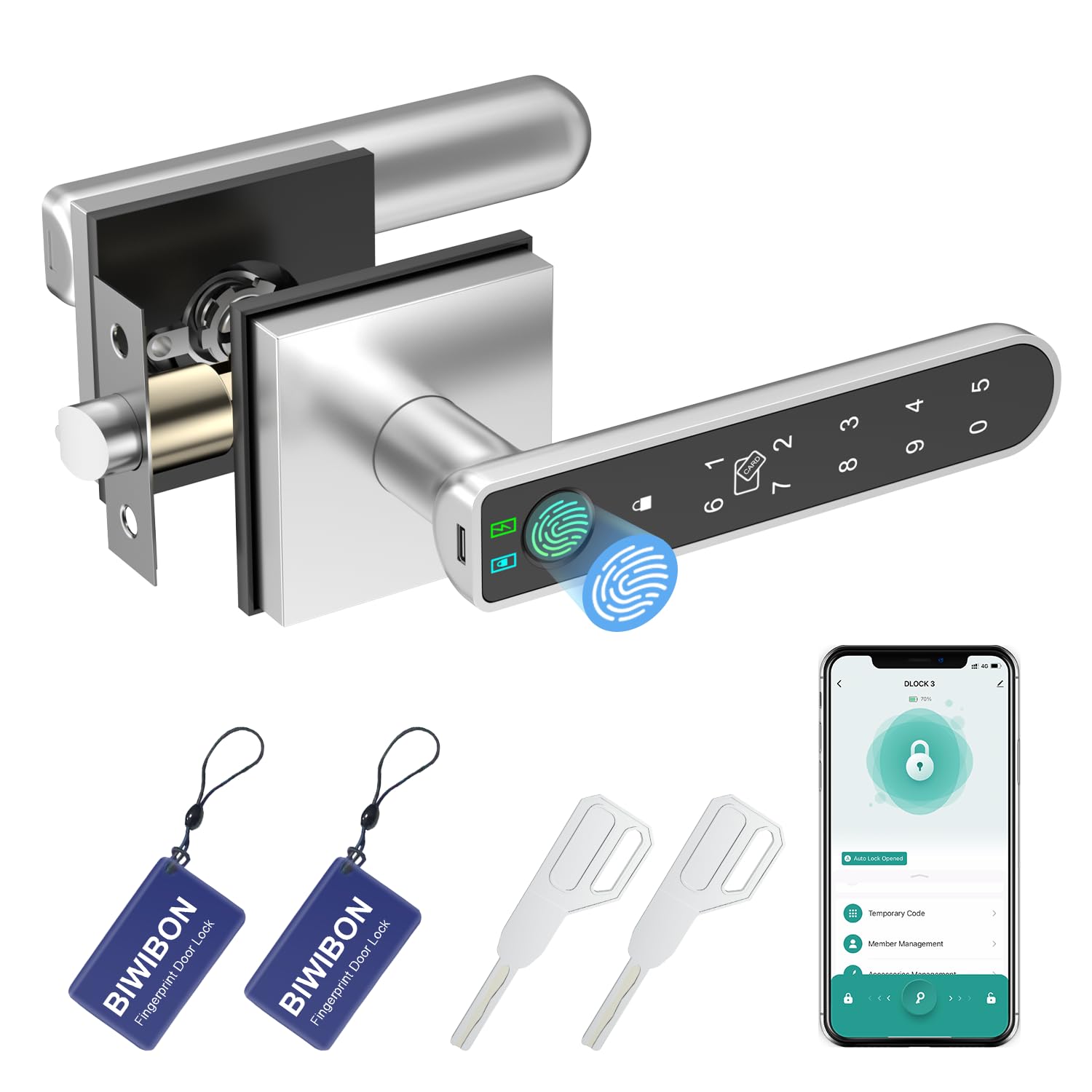 BIWIBON fingerprint door lock front view in square silver finish for secure entry.