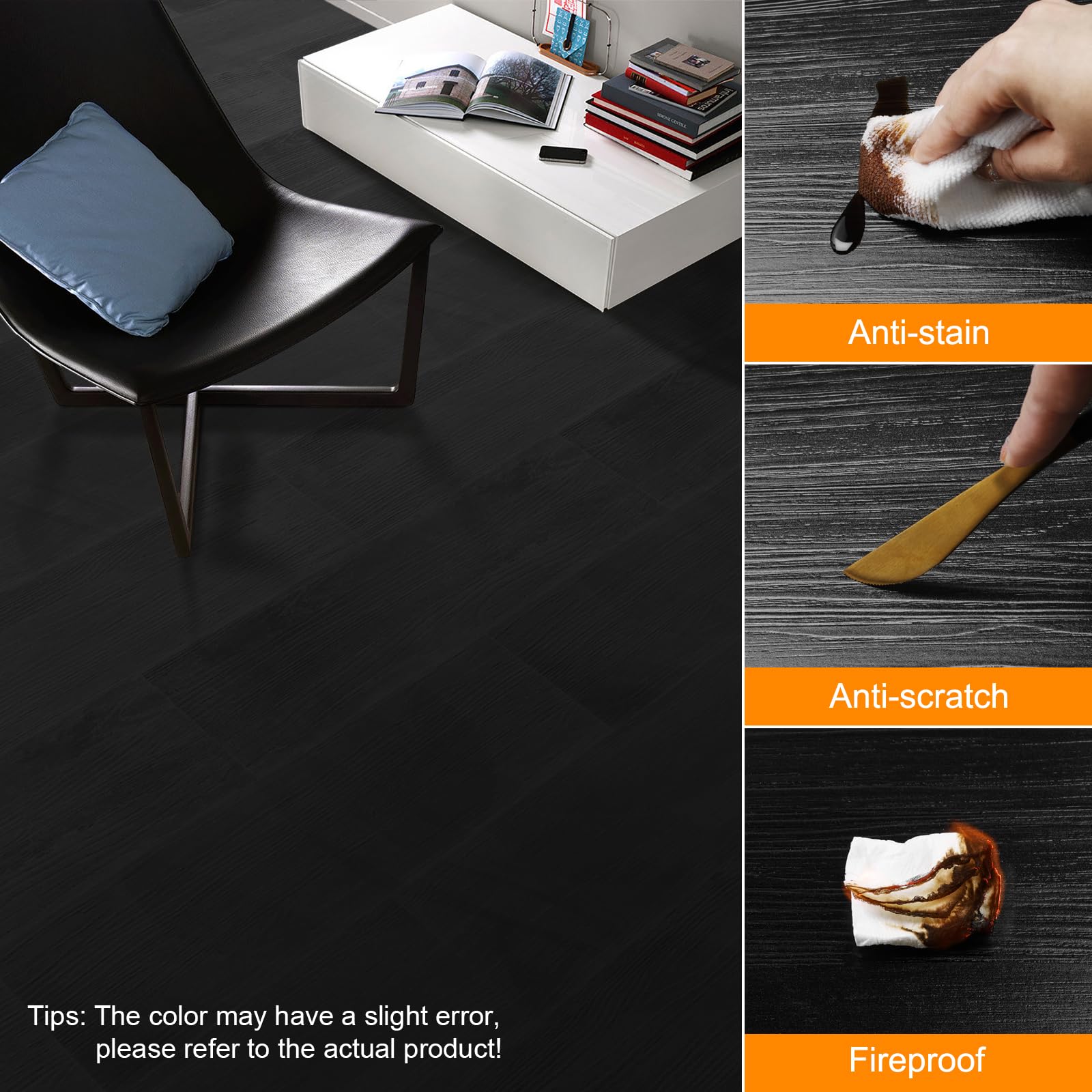 Biyoee vinyl planks measure 6x36 inches with realistic wood texture.