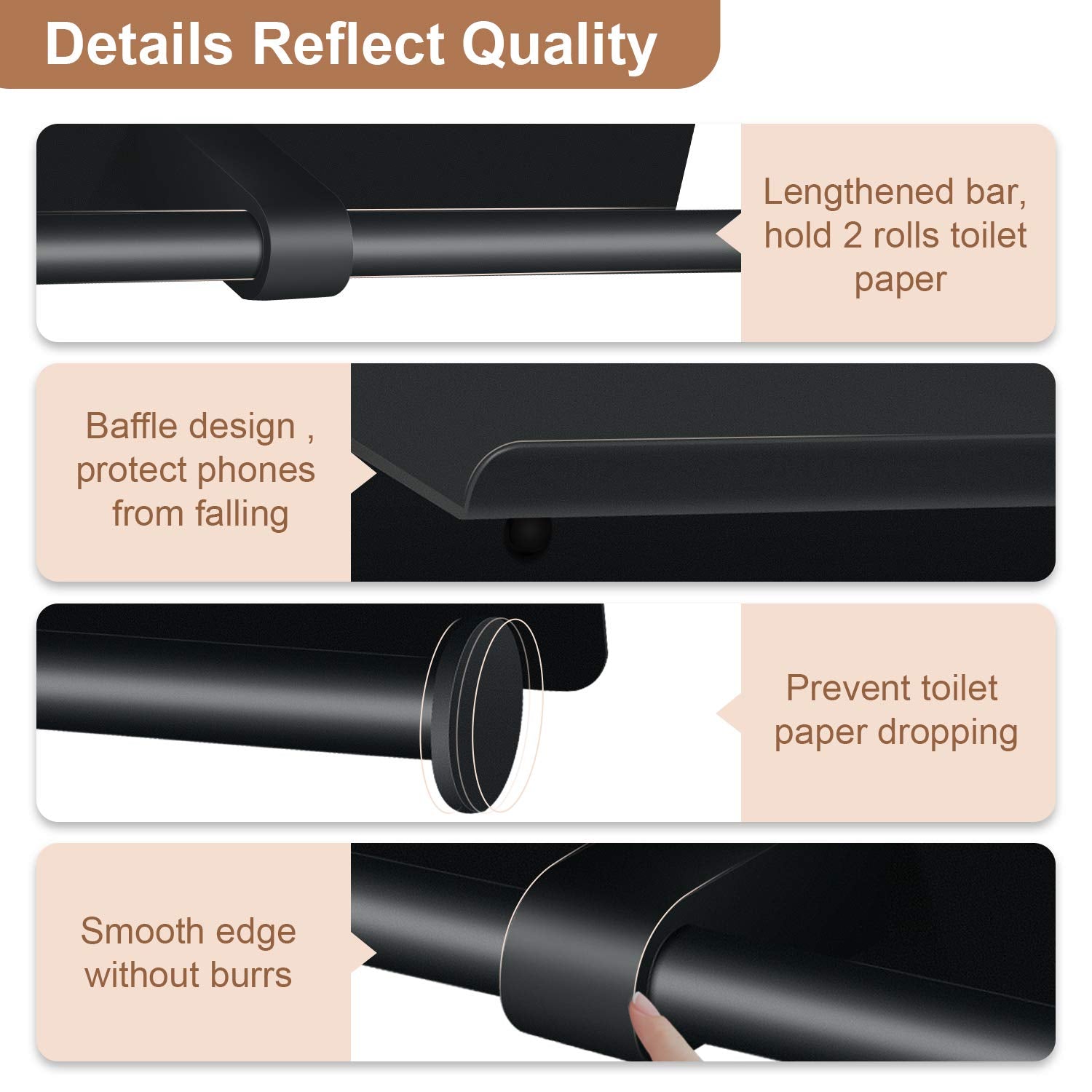 Bjiotun toilet paper holder two-roll storage highlights dual-roll capacity for reminders to restock.
