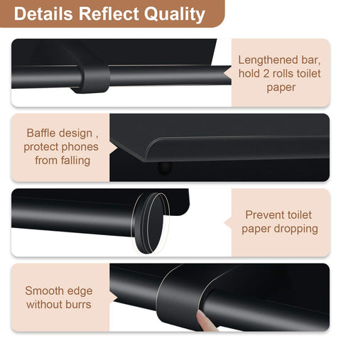 Bjiotun toilet paper holder two-roll storage highlights dual-roll capacity for reminders to restock.