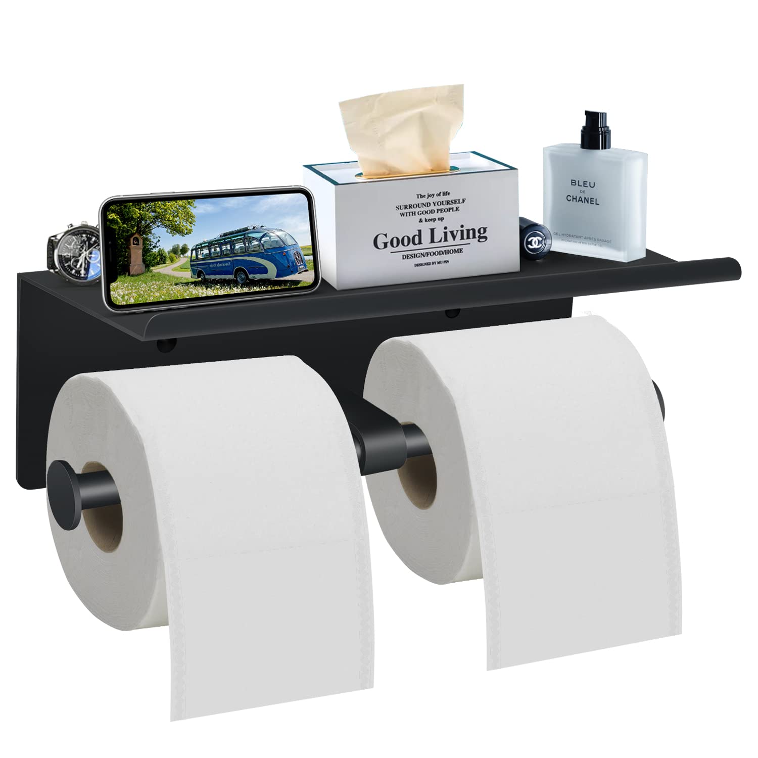 Bjiotun toilet paper holder with shelf in matte black, front view showing convenient storage.