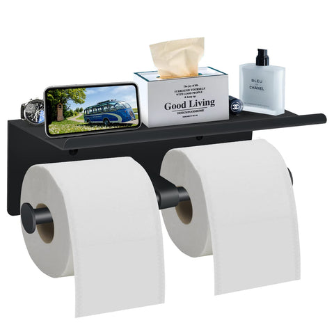 Bjiotun toilet paper holder with shelf in matte black, front view showing convenient storage.