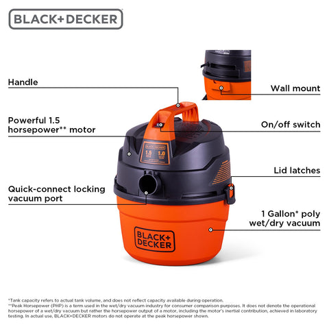 BLACK+DECKER 1.5 peak HP motor closeup highlighting strong suction capacity.