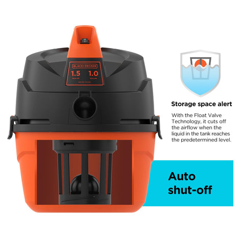 BLACK+DECKER 60 CFM airflow graphic illustrating efficient wet and dry cleaning capability.