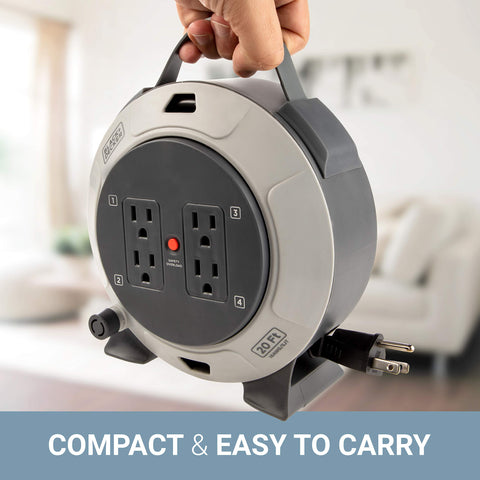 BLACK+DECKER compact cord reel with easy-hold handle.